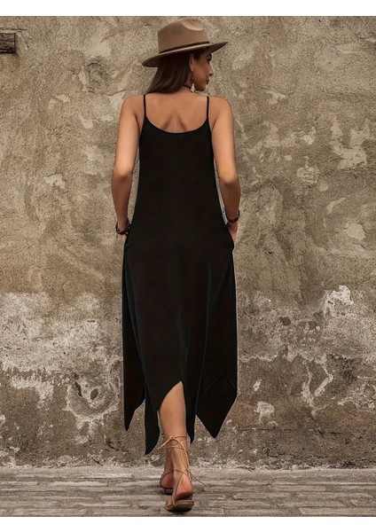 Kadın Askılı V Yakalı Cep Detaylı Asimetrik Kesim Detaylı Viskon Elbise modelleri