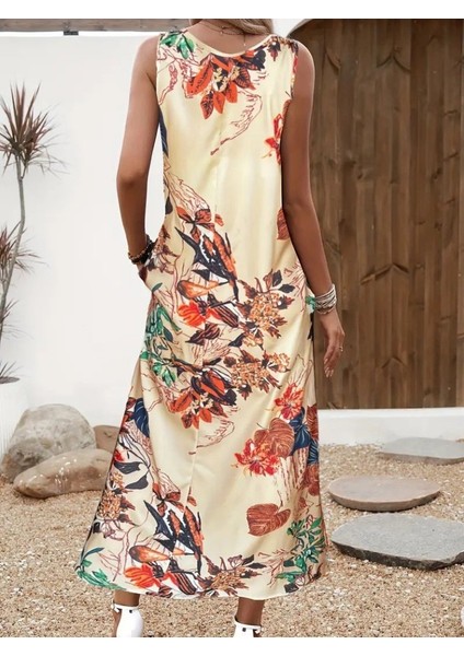 Kadın Askılı Yuvarlak Yaka Cepli Desenli Süprem Elbise modelleri