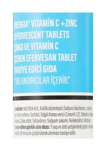 Energia Çinko & Vitamin C (400 Mg) Efervesan Tablet Takviye Edici Gıda
