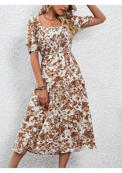 Kadın Kısa Kollu Kare Yakalı Lastikli Desenli Süprem Elbise fiyatları