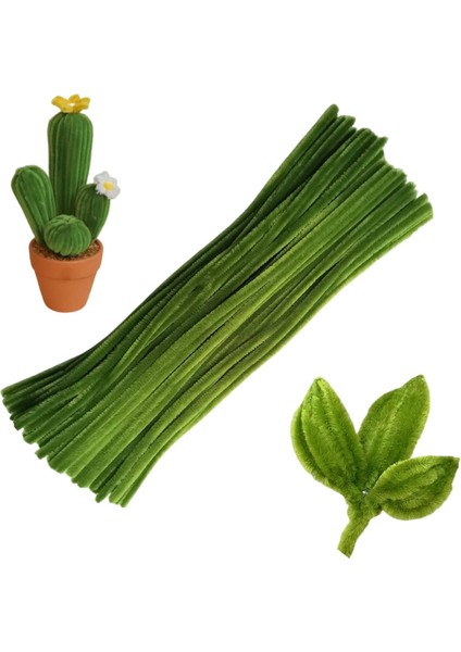 25 Adet Ordu Haki Yeşil Şönil , Çiçek Yapımına Uygun Tüylü Tel, 30 cm 6 mm