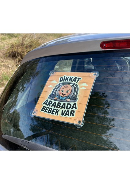 Sarı Renk Dikkat Arabada Bebek Var Yazılı Bebek Araba Keçe Cam Süsü Oto Aksesuar Vantuzlu