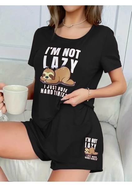 Kadın Kısa Kollu Bisiklet Yaka Baskılı Viskon Bluz ve Şort Ikili Takım