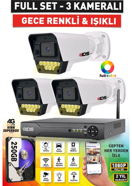 3 Kameralı 9 LED Renkli Gece Görüşlü Fullhd Güvenlik Kamerası Seti - Cepten Izle - 250GB