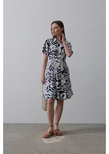 Baskılı Keten Elbise - Lacivert fırsatları