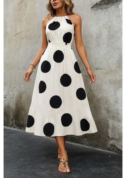 Kadın Kolsuz Boyundan Bağlamalı Beli Lastikli Dijital Baskı Süprem Uzun Elbise