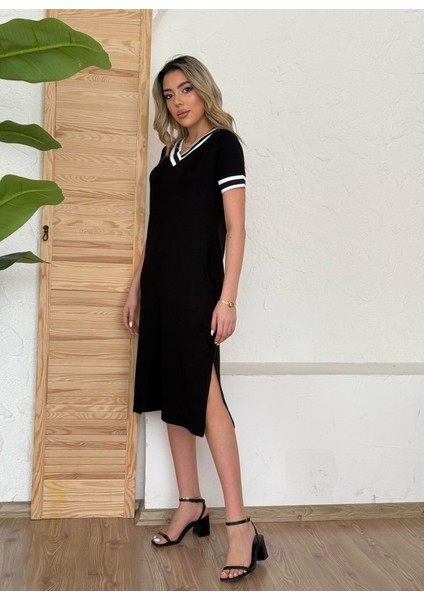 Kadın Kısa Kollu V Yaka Kol ve Yaka Ribana Detay Midi Boy Viskon Elbise fiyatları