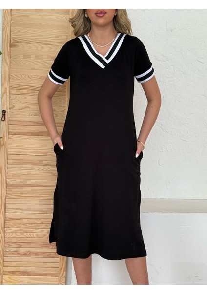 Kadın Kısa Kollu V Yaka Kol ve Yaka Ribana Detay Midi Boy Viskon Elbise modelleri