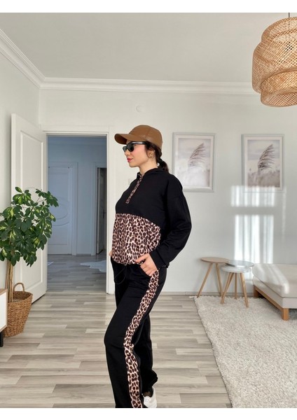 Kadın Uzun Kollu Leopar Detay Sweat ve Yanı Leopar Şerit Detay Pantolon Ikili Takım modelleri