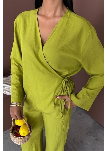 Kruvaze Model Klasik Pantolonlu Çupra Keten Takım 10191