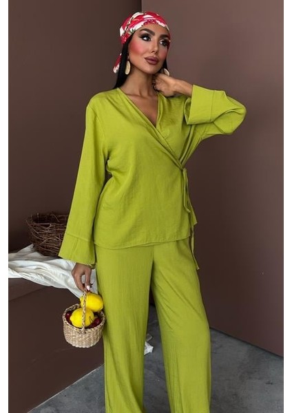 Kruvaze Model Klasik Pantolonlu Çupra Keten Takım 10191 fırsatları