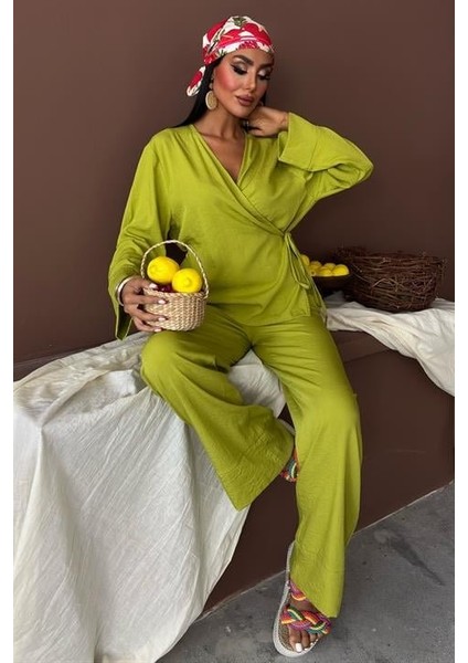 Kruvaze Model Klasik Pantolonlu Çupra Keten Takım 10191