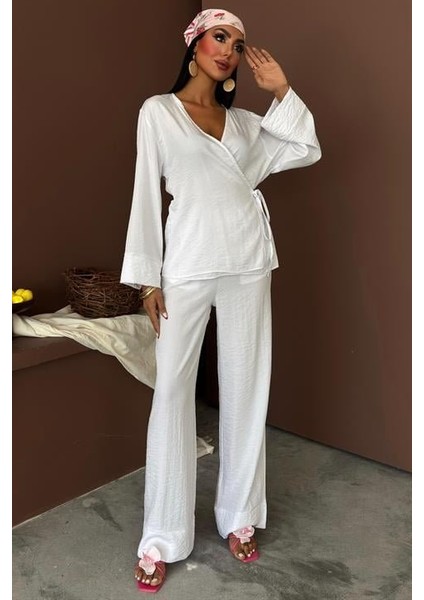 Kruvaze Model Klasik Pantolonlu Çupra Keten Takım 10191