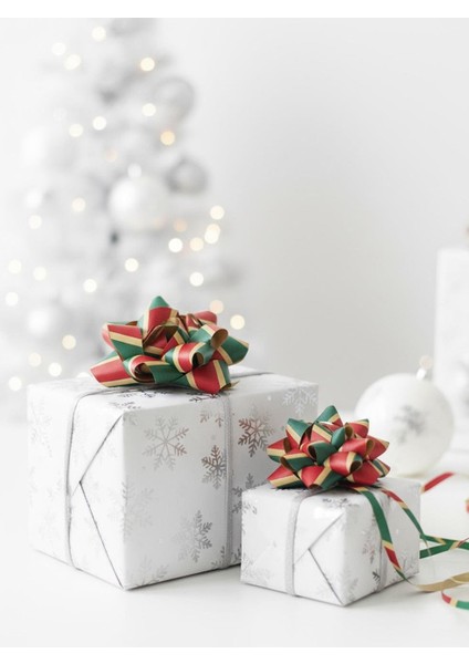 Hediye Paketleme Seti Kağıt Fiyonk ve Kurdele Kırmızı-Yeşil Çizgili 3'lü