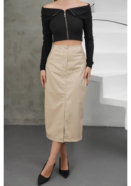 Yırtmaçlı Uzun Deri Etek Bej