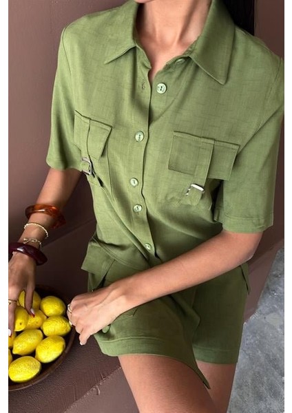 Gömlek Şort Etek Viscon Keten Takım 10162