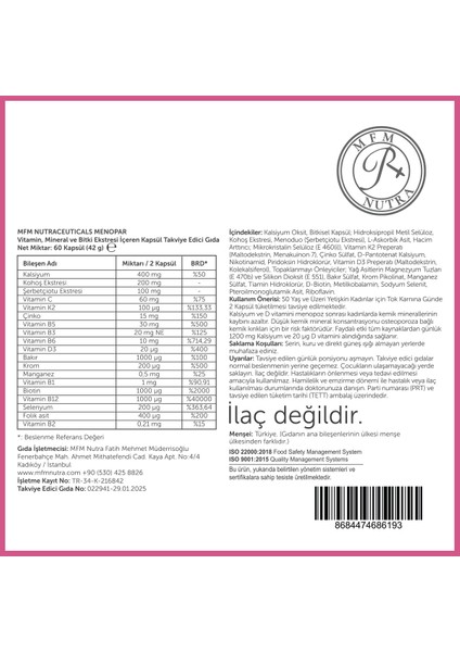MFM Menopar Vitamin, Mineral ve Bitki Ekstresi İçeren 30 Bitkisel Kapsül