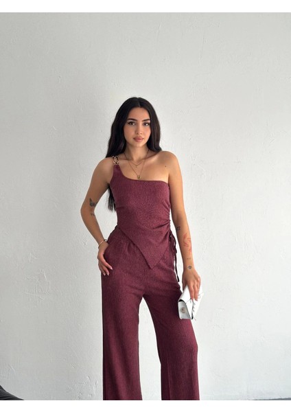 Asimetrik Crop Pantalon Ikili Takım - Gül Kurusu fırsatları