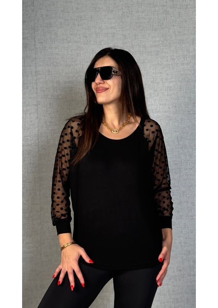 Kadın Yarasa Kol Puantiyeli Tül Detay Bluz