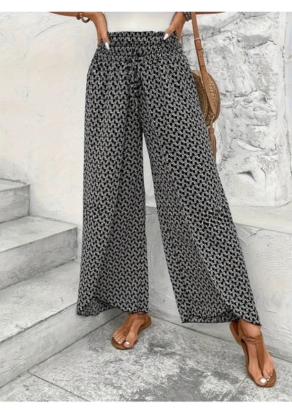 Kadın Yüksek Bel Lastikli Önden Iki Parçalı Desenli Bürümcük Pantolon