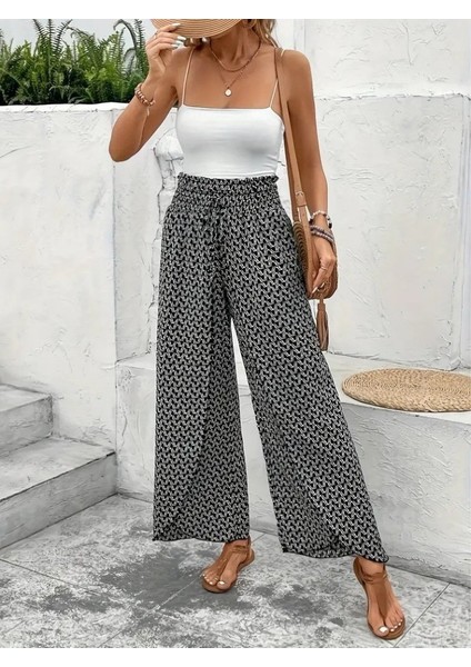Kadın Yüksek Bel Lastikli Önden Iki Parçalı Desenli Bürümcük Pantolon indirimleri