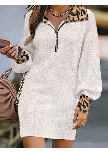 Kadın Uzun Kollu Yakalı Önden Fermuarlı Leopar Detaylı Mini Peluş Elbise