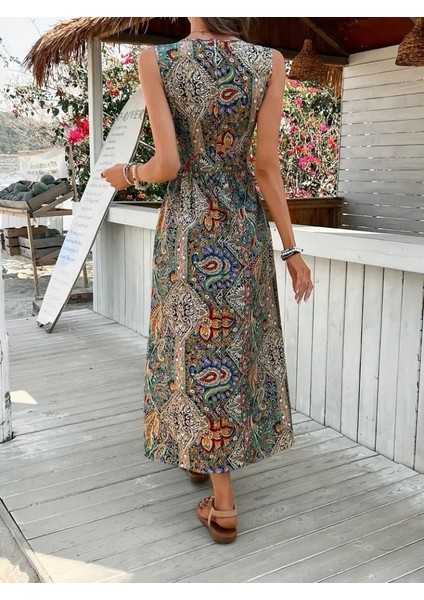 Kadın Kolsuz V Yakalı Desenli Süprem Tulum Elbise indirimleri