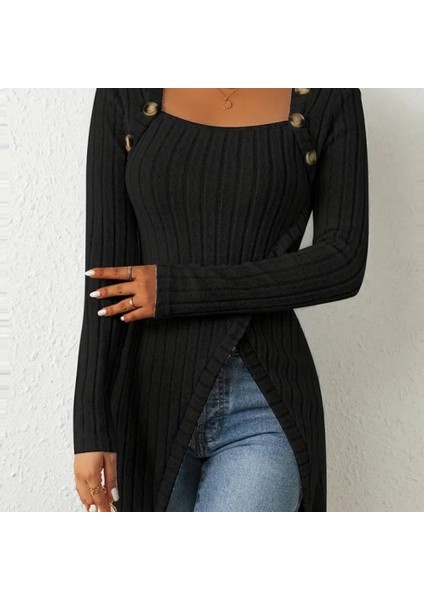 Kadın Uzun Kollu Derin Kare Yaka Düğme Detay Şardonlu Kaşkorse Kruvaze Bluz