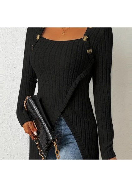 Kadın Uzun Kollu Derin Kare Yaka Düğme Detay Şardonlu Kaşkorse Kruvaze Bluz modelleri