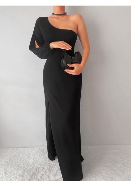 Tek Omuz Açık Derin Yırtmaçlı Krep Tam Boy Elbise fırsatları