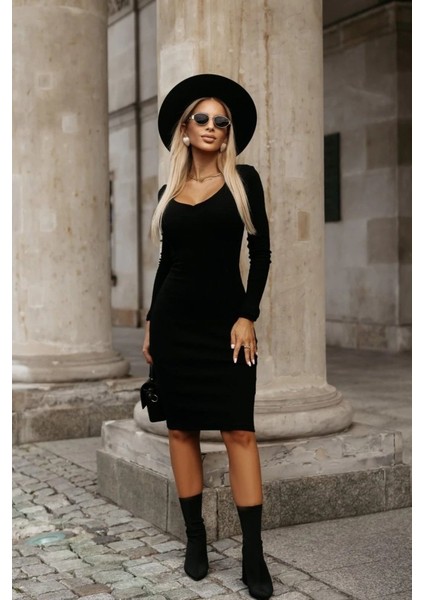 Kadın Uzun Kollu V Yakalı Kısa Kaşkorse Elbise fırsatları