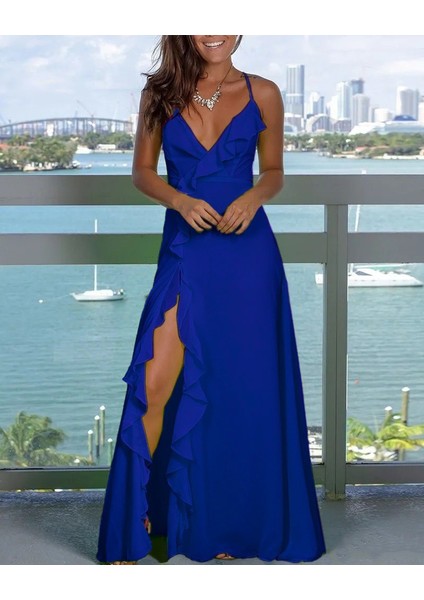 Kadın Ip Askılı Dekolteli Yırtmaç Detay Krep Elbise