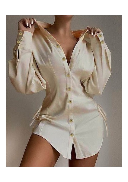 Buğrahayalin Kadın Uzun Kollu Gömlek Yaka Önden Düğmeli Yanlardan Büzgülü Kısa Aerobin Elbise indirimleri