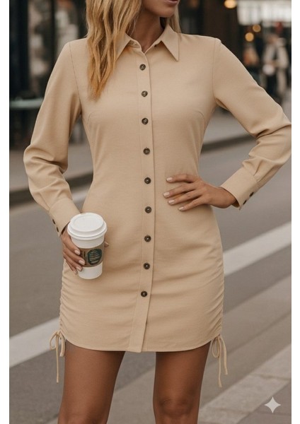 Buğrahayalin Kadın Uzun Kollu Gömlek Yaka Önden Düğmeli Yanlardan Büzgülü Kısa Aerobin Elbise