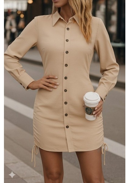 Buğrahayalin Kadın Uzun Kollu Gömlek Yaka Önden Düğmeli Yanlardan Büzgülü Kısa Aerobin Elbise