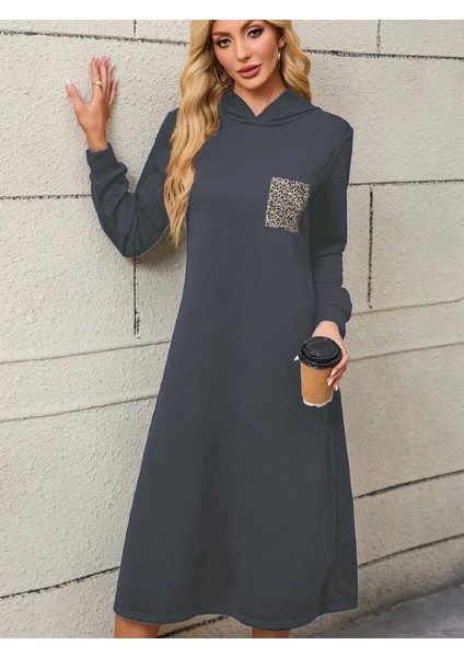 Kadın Uzun Kollu Kapşonlu Cep Detaylı Viskon Iki Iplik Maxi Elbise