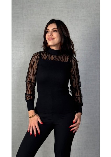 Kadın Uzun Kollu Bisiklet Yaka Kolları Tül Detay Kaşkorse Kumaş Bluz fiyatları