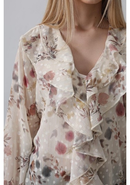 Volanlı Çiçek Desen Şifon Gömlek - Krem modelleri