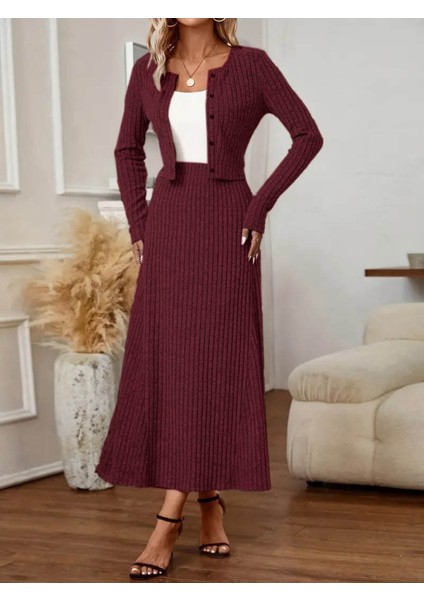 Buğrahayalin Kadın Uzun Kollu Önden Düğmeli Bluz ve Yüksek Bel A Kesim Uzun Etek Şardonlu Kaşkorse Ikili Takım