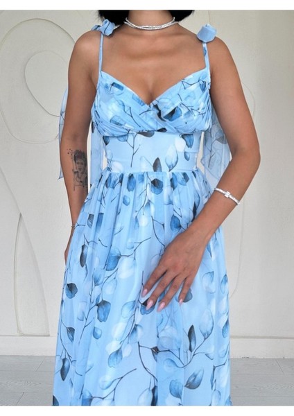 Mavi Şifon Drapeli Elbise modelleri