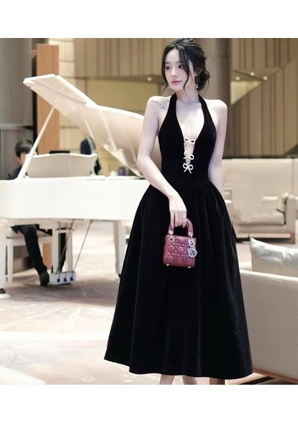 Kadın Derin V Yaka Kurdele Detaylı Ithal Double Kumaş Elbise