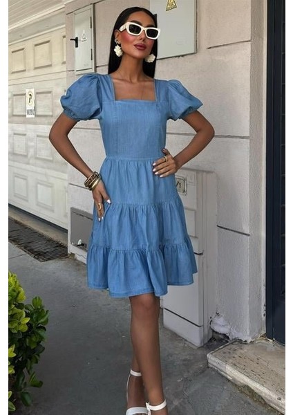 Kare Yakalı ve Gipe Detaylı Tensel Elbise 2883