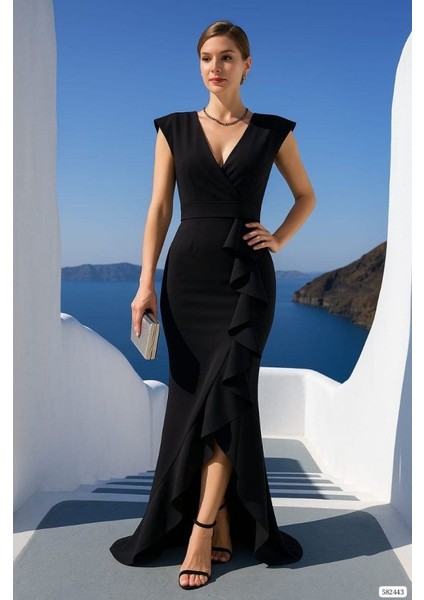 Kadın Dalgıç Kumaş V Yaka Fırfır Detaylı Maxi Boy Elbise