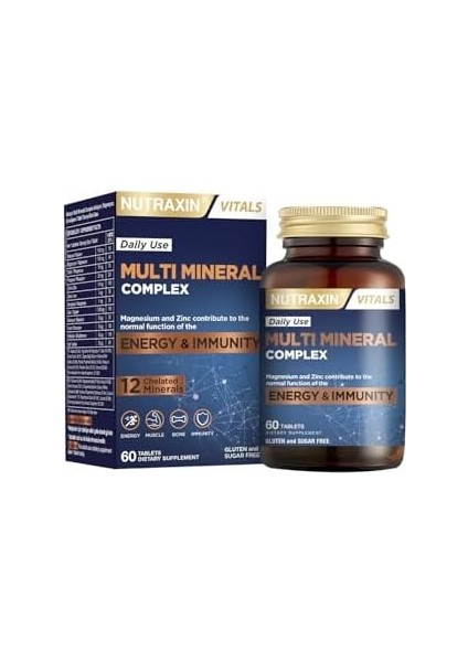 Nutraxin Multi Mineral Complex | 12 Mineral Içeren Takviye | Vegan | 60 Tablet | Kalsiyum, Magnezyum, Çinko, Demir ve Daha Fazlası