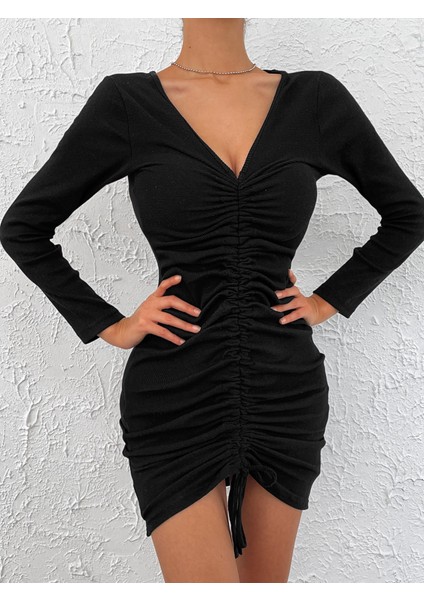 Kadın Uzun Kollu V Yaka Büzgülü Kaşkorse Elbise fiyatları