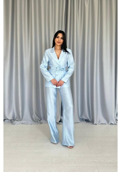 Mavi Beli Kuşaklı Ceket ve Pantolon Parlak Takım fiyatları