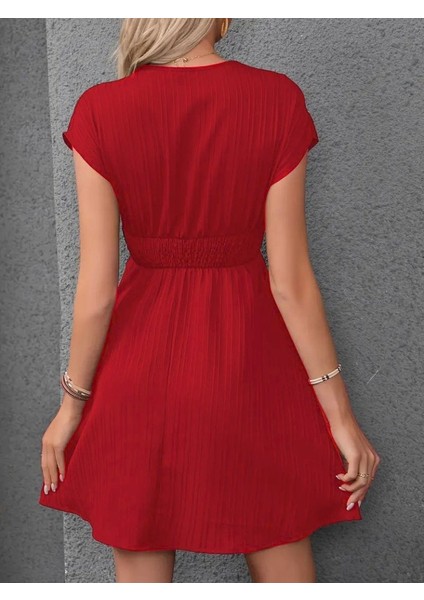 Kadın Kısa Kollu Kruvaze Yakalı Beli Lastikli Bürümcük Elbise modelleri