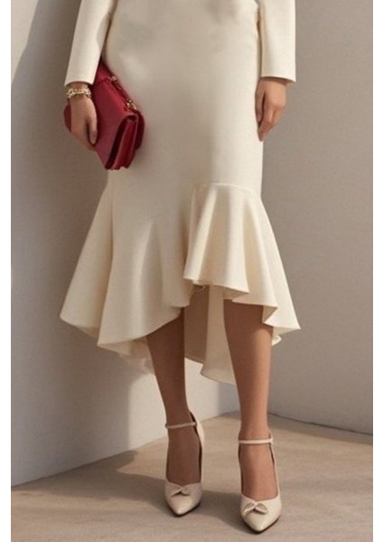 Kadın Uzun Kollu Yakalı Belden Oturtmalı Midi Ithal Krep Elbise modelleri