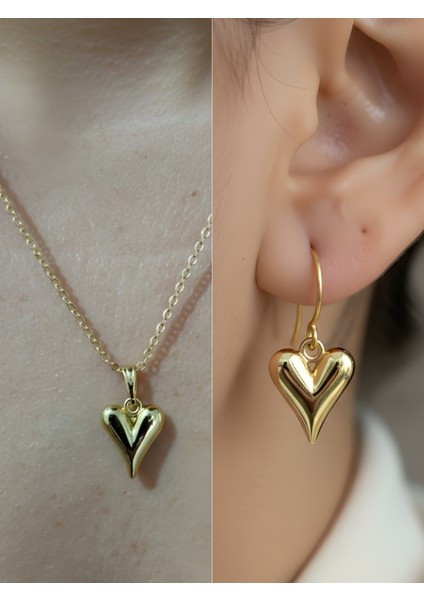 Altın Kalp Detay Kadın Kolye Küpe Set