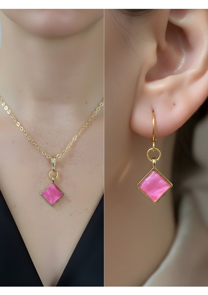 Pembe Sedef Kare Detay Kadın Kolye Küpe Set